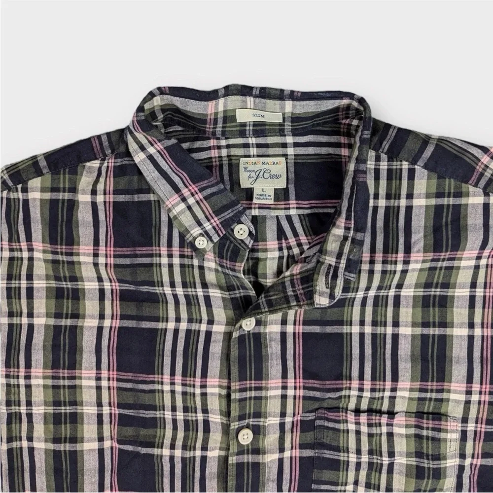 J. Crew Indian Madra Slim Fit Shirt Mens Large Green Blue Gray Plaid Pattern
